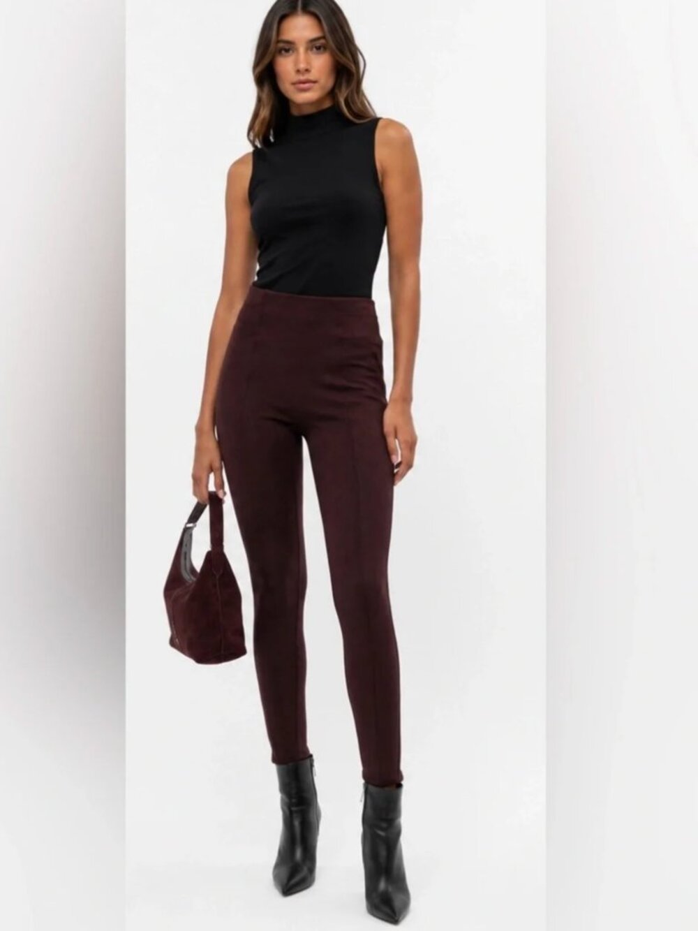 SPANX Burgundy Faux Suede Pull-On Slim Leg Pants Medium Smoothing Stretch NEW
